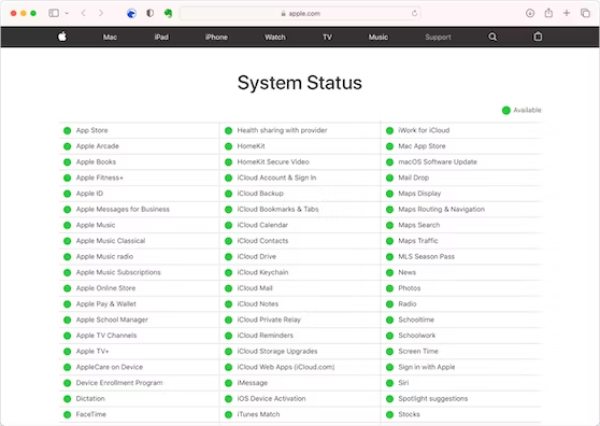 Verifique o status do servidor Apple