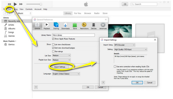 Configurações de importação do iTunes