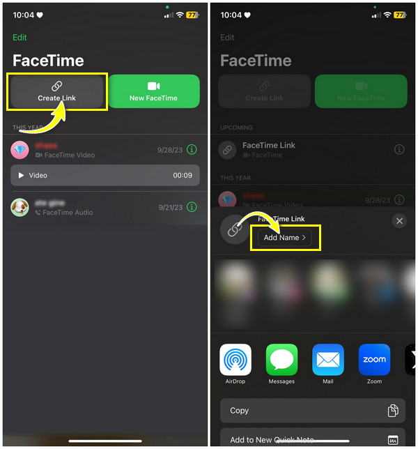 Připojte se k Facetime Create Link