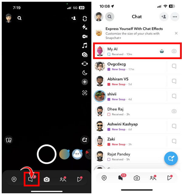 Snapchat チャット セクション