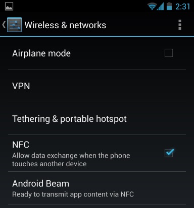Включите NFC для Android Beam