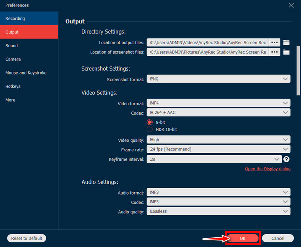 Anyrec Imposta le impostazioni di output