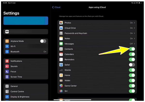 تمكين جهات اتصال iCloud على iPad