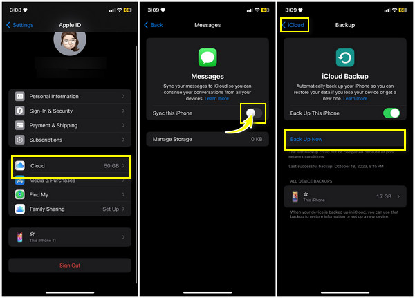 Mensajes de iPhone de copia de seguridad de iCloud para iOS 13 y posteriores