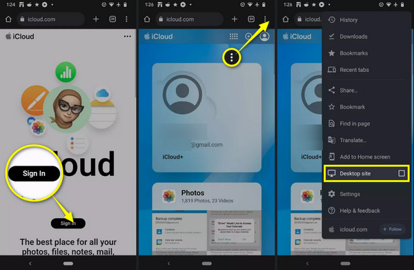 iCloud בחר אתר שולחן עבודה