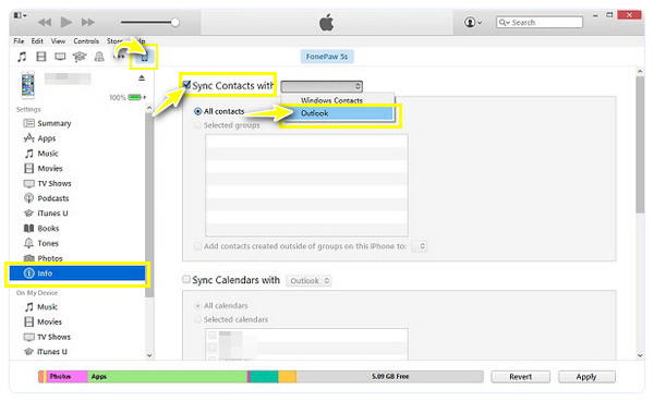 iTunes مزامنة جهات اتصال Outlook
