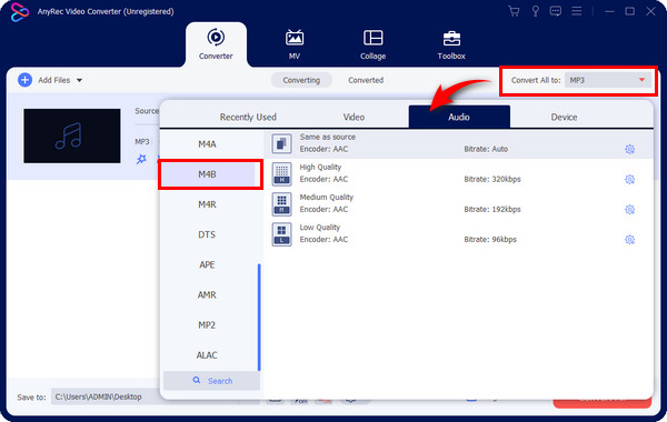 Anyrec Odaberite audio format