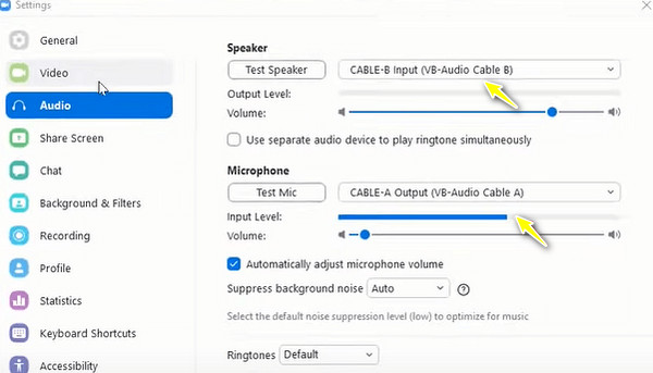 OBS establece la configuración de salida de audio en Zoom