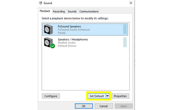 स्पीकर को डिफ़ॉल्ट डिवाइस के रूप में सेट करें