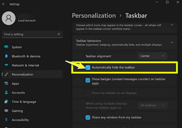 Windows 11 Automatically Hide the Taskbar