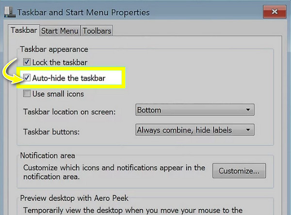 Windows 7-8 작업 표시줄 자동 숨기기