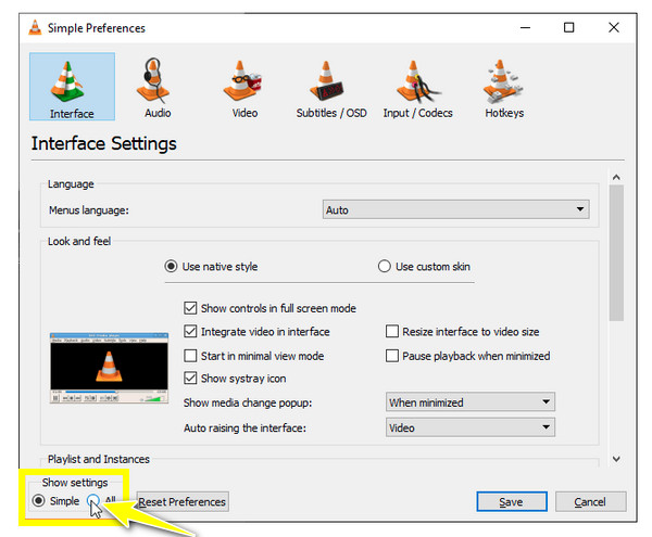 VLC Haga clic en el botón de opción Todo