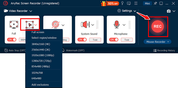 Anyrec Επιλέξτε Περιοχή εγγραφής