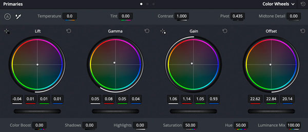 גלגל הצבעים של Davinci Resolve