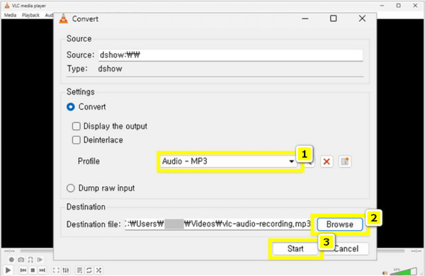 VLC Enregistrer l'audio Sélectionner le format