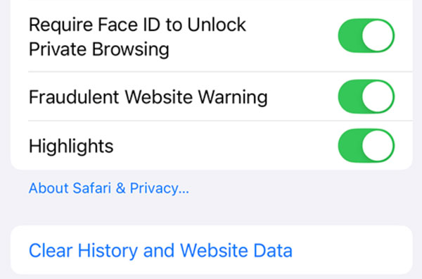 Limpar histórico e dados do site do aplicativo Safari