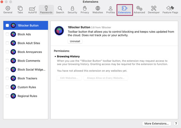 Remover extensão do Safari
