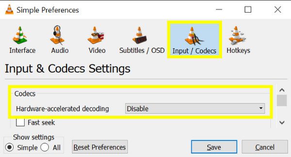 Deshabilitar la decodificación acelerada por hardware