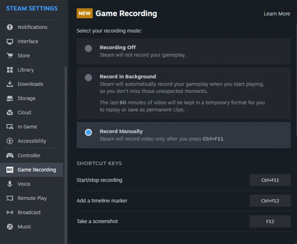 Χρήση εγγραφής παιχνιδιού Steam