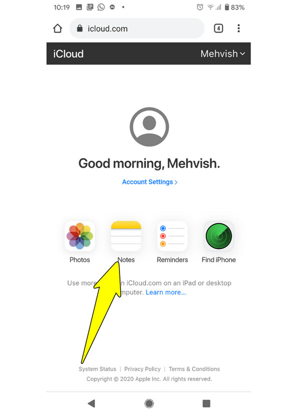 اضغط على الملاحظات من iCloud على Android