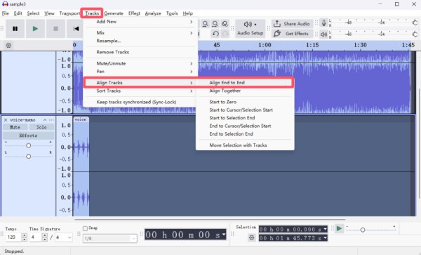 Lijn de sporen uit in Audacity