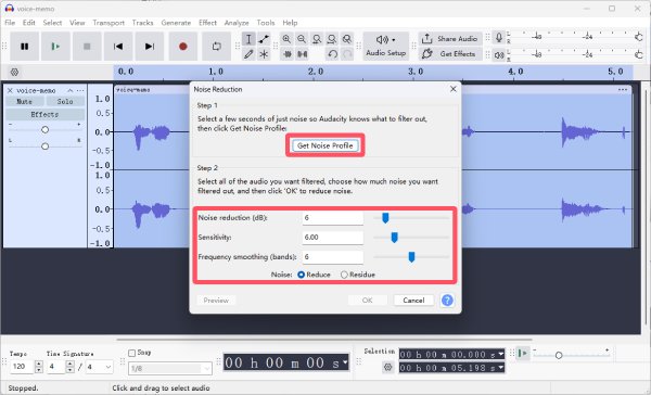 Odstraňte šum Audacity