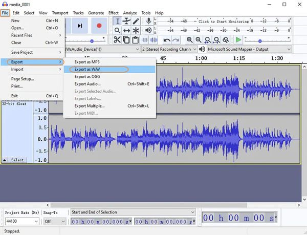 تحويل M4A إلى WAV Audacity