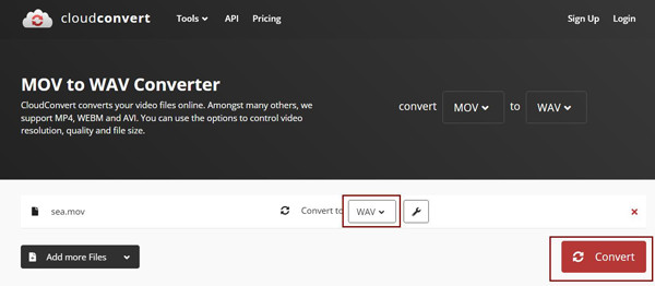 CloudConvert Convertir MOV a WAV