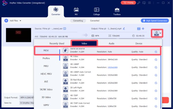 Selectați MOV AnyRec