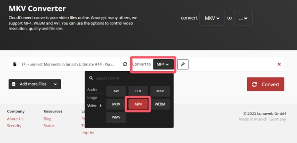 Выберите MP4 CloudConvert
