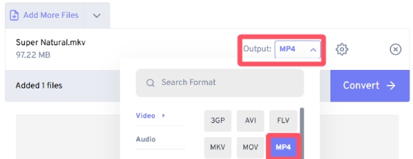 Выберите MP4 FreeConvert