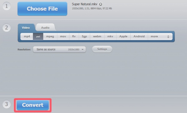Konwertuj MKV do AVI w 123 Online Video Converter