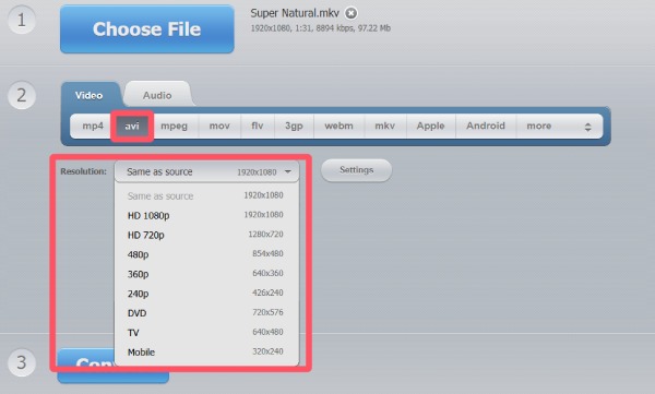 Wybierz format AVI w programie 123 Online Video Converter