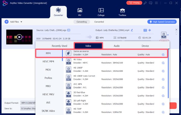 MP4 Anyrec을 선택하세요