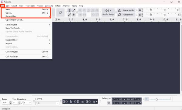 ייבוא אודיו Audacity