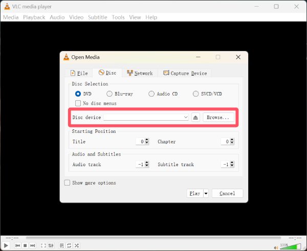 Seleziona dispositivo VLC