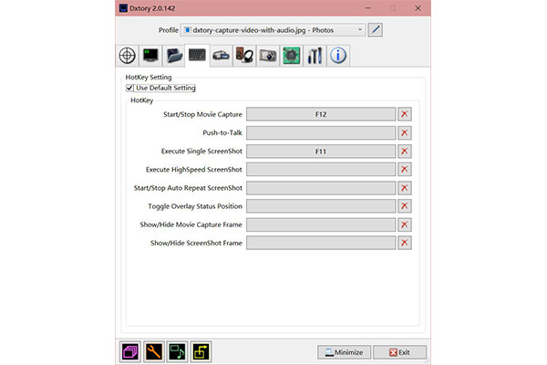 ปุ่มลัดซอฟต์แวร์บันทึกวิดีโอ Dxtory