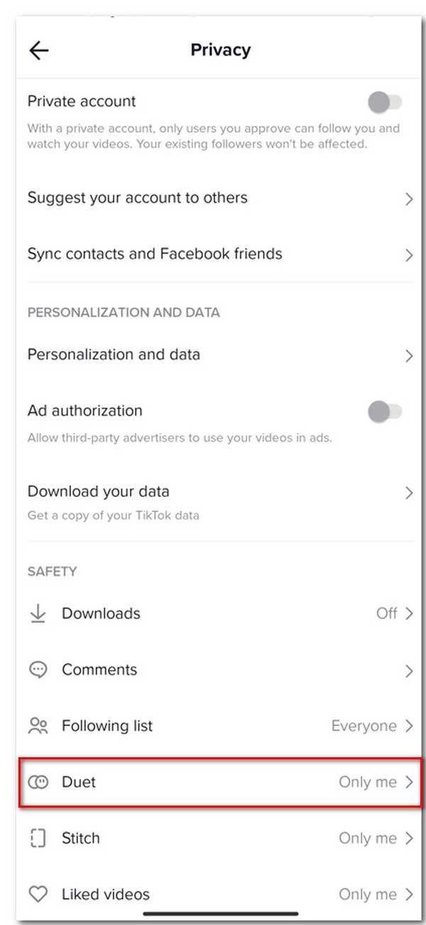 Impostazioni di controllo del duetto di TikTok