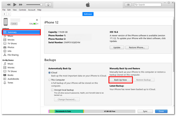 आईट्यून्स के साथ iPhone का बैकअप लें