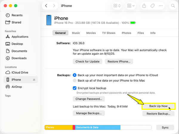 iTunes Finder Back Up Now