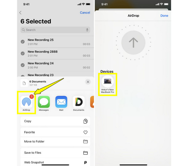 使用隔空投送传输语音备忘录