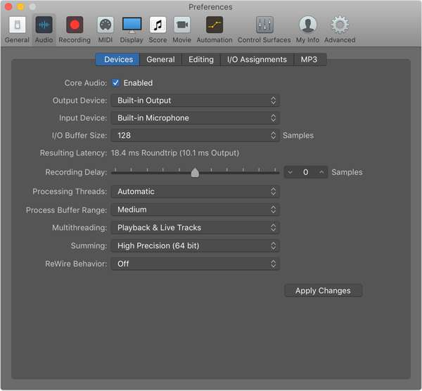 Logic Pro X Tukar Keutamaan Input Audio