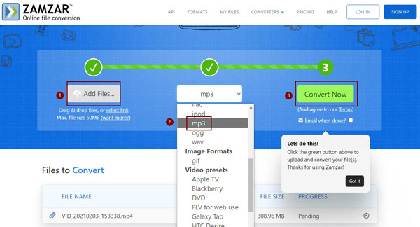 Convert MPEG to MP3 Zamzar