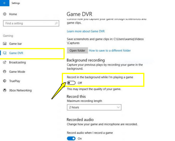 تفعيل تعطيل مسجل ألعاب الفيديو الرقمي