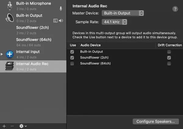 إعدادات إخراج Soundflower