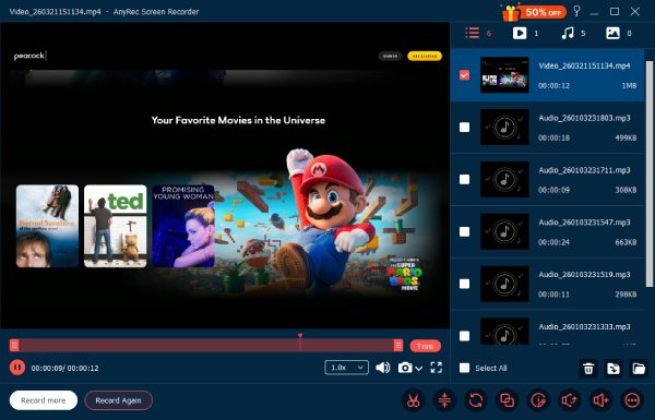 AnyRec 屏幕录像机编辑录制 Peacock Anyrec