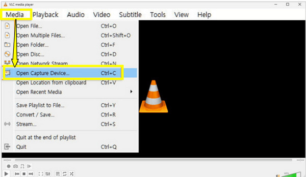 VLC Sélectionner Ouvrir le périphérique de capture