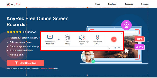 Anyrec Online Chọn cài đặt ghi