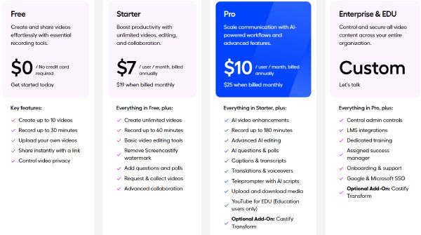 Screencastify 套餐价格