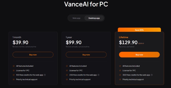 VanceAI图像增强器定价